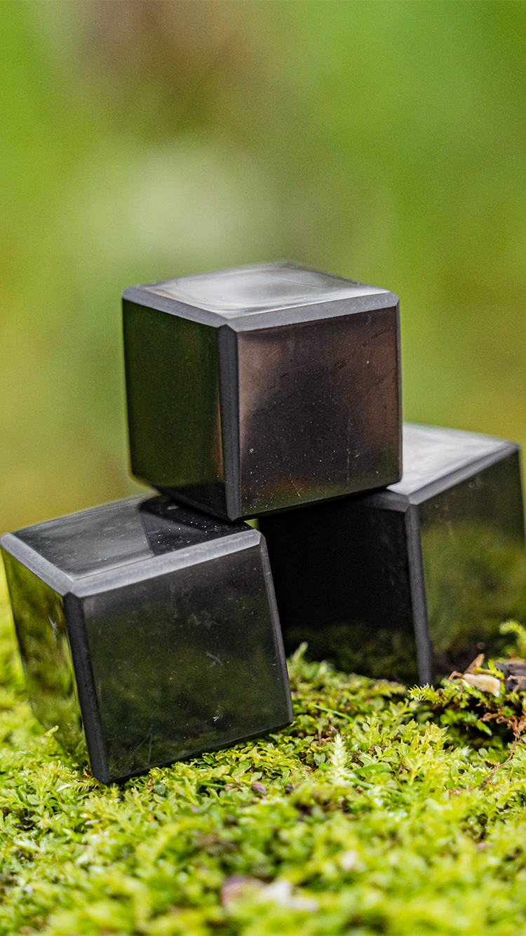 Stacked shungite cubes on vibrant green moss, energy balancing stones for sale